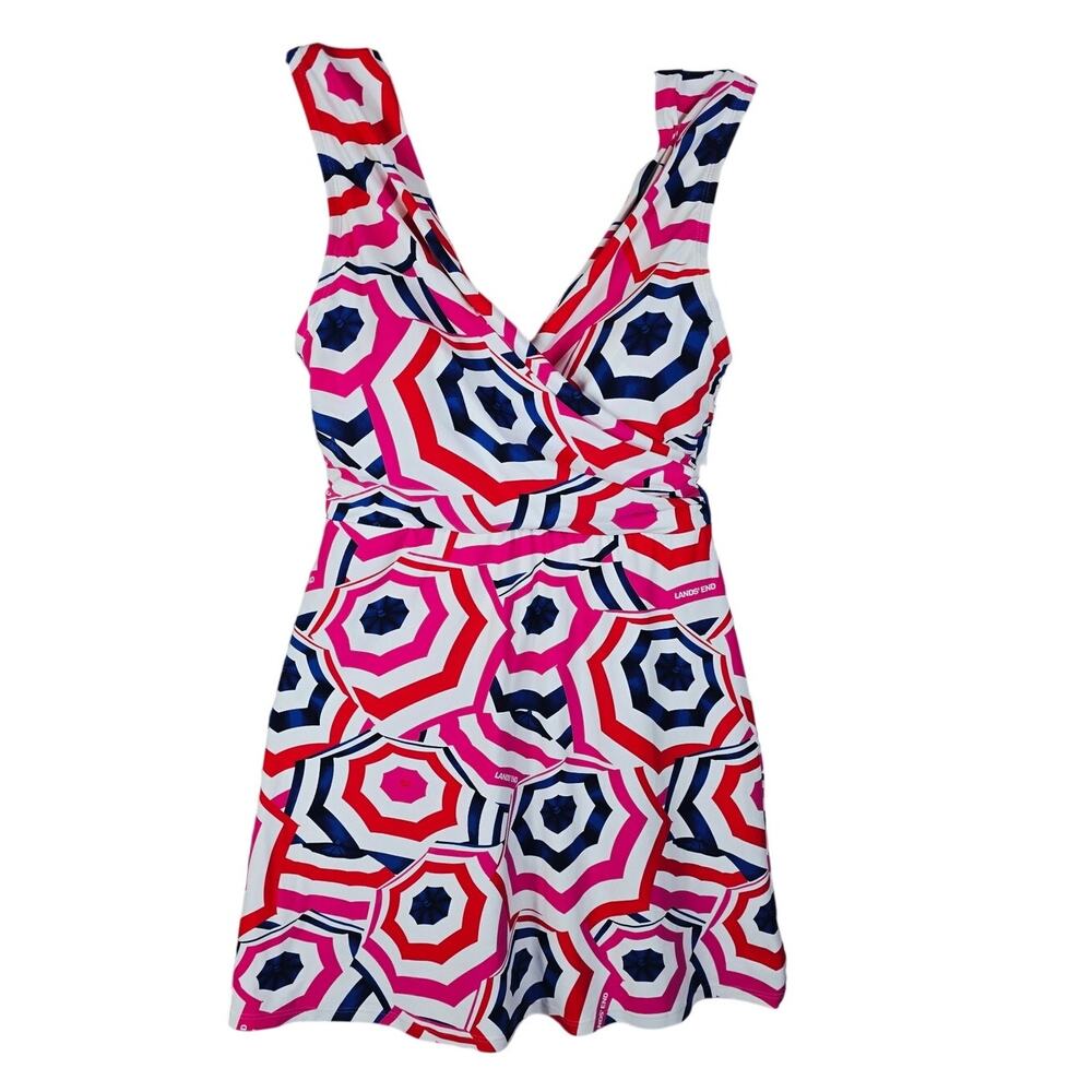 Lands End Pink Blue Built In Bra No Underwire One Piece SwimDress Women's 8